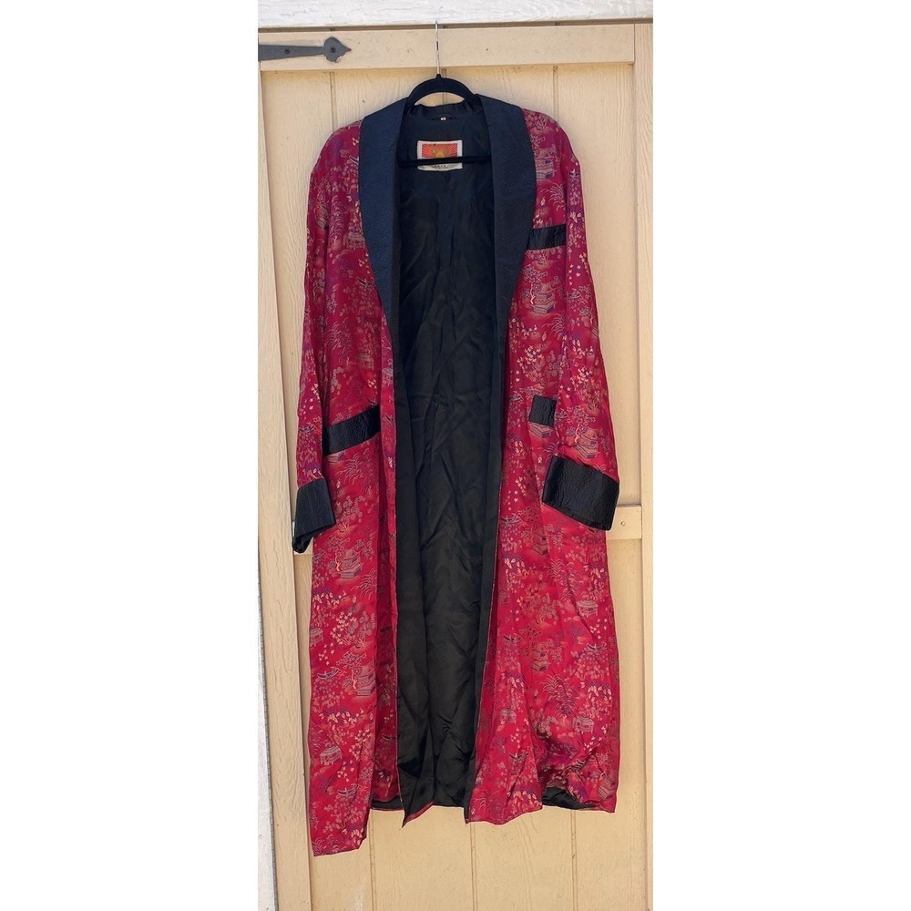 Vintage Silk Robe Mens XXL Red Jacquard Oriental Satin Smoking Jacket Playboy